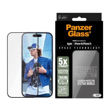 iPhone 16/15 PanzerGlass Ceramic Protection Ultra-Wide Fit EasyAligner Skærmbeskyttelse Hærdet Glas - 9H - Sort kant