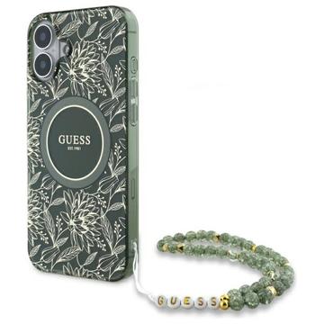 iPhone 16 Plus Guess IML Flowers Allover Electro Cover med Perlestrop - MagSafe-kompatibel