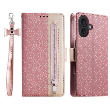 iPhone 16 Plus Lace Pattern Etui med Pung - Rødguld