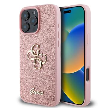 iPhone 16 Pro Max Guess Fixed Glitter 4G Metal Logo Cover - Pink